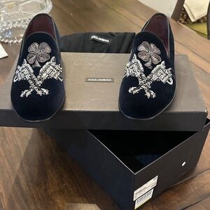 Dolce & Gabbana Men”s  Navy Velvet Loafers with Silver Embellishments